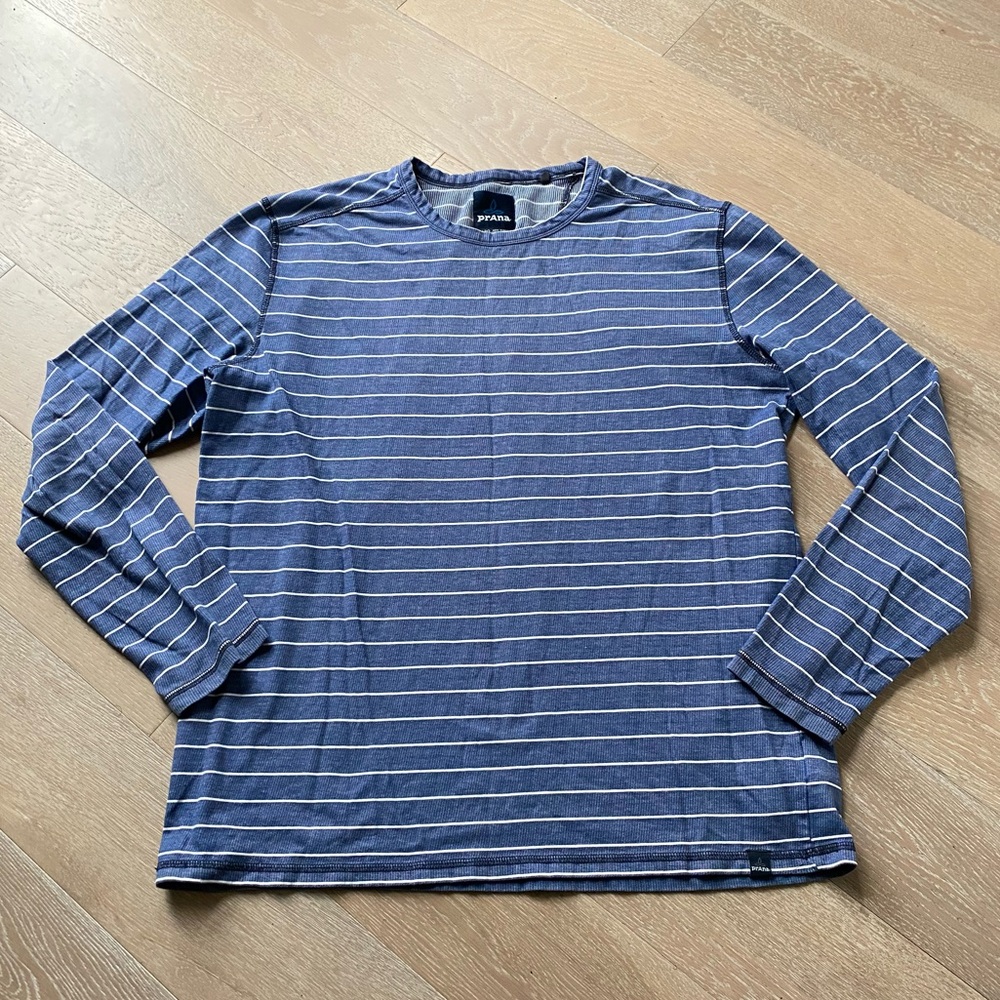 Prana Blue White Thermal Striped Keller Long Sleeve Crew Knit Shirt Men XL